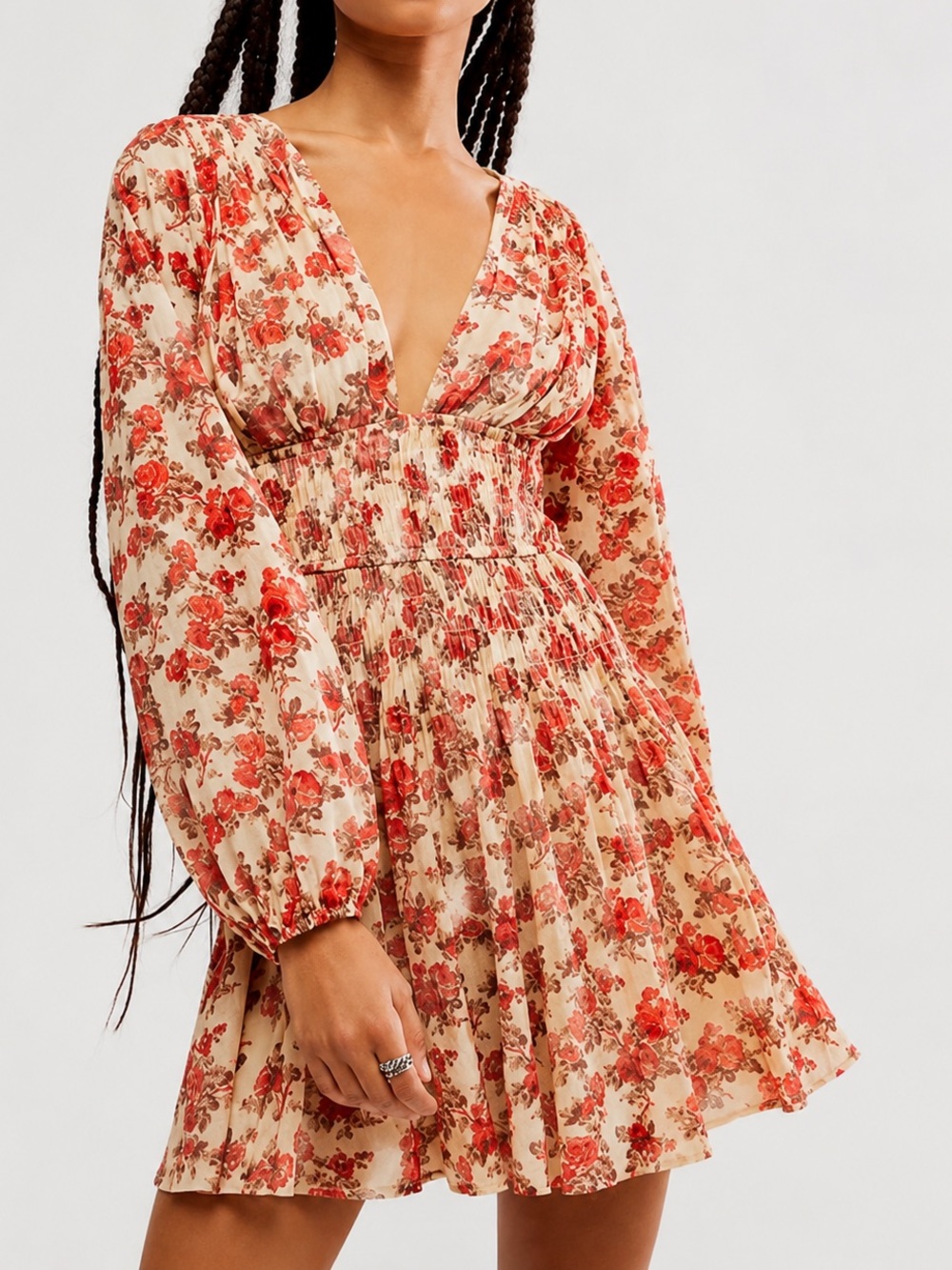 FREE PEOPLE Boho Fit & Flare Floral Mini Dress - Size XS - Balloon Sleeve - NWT